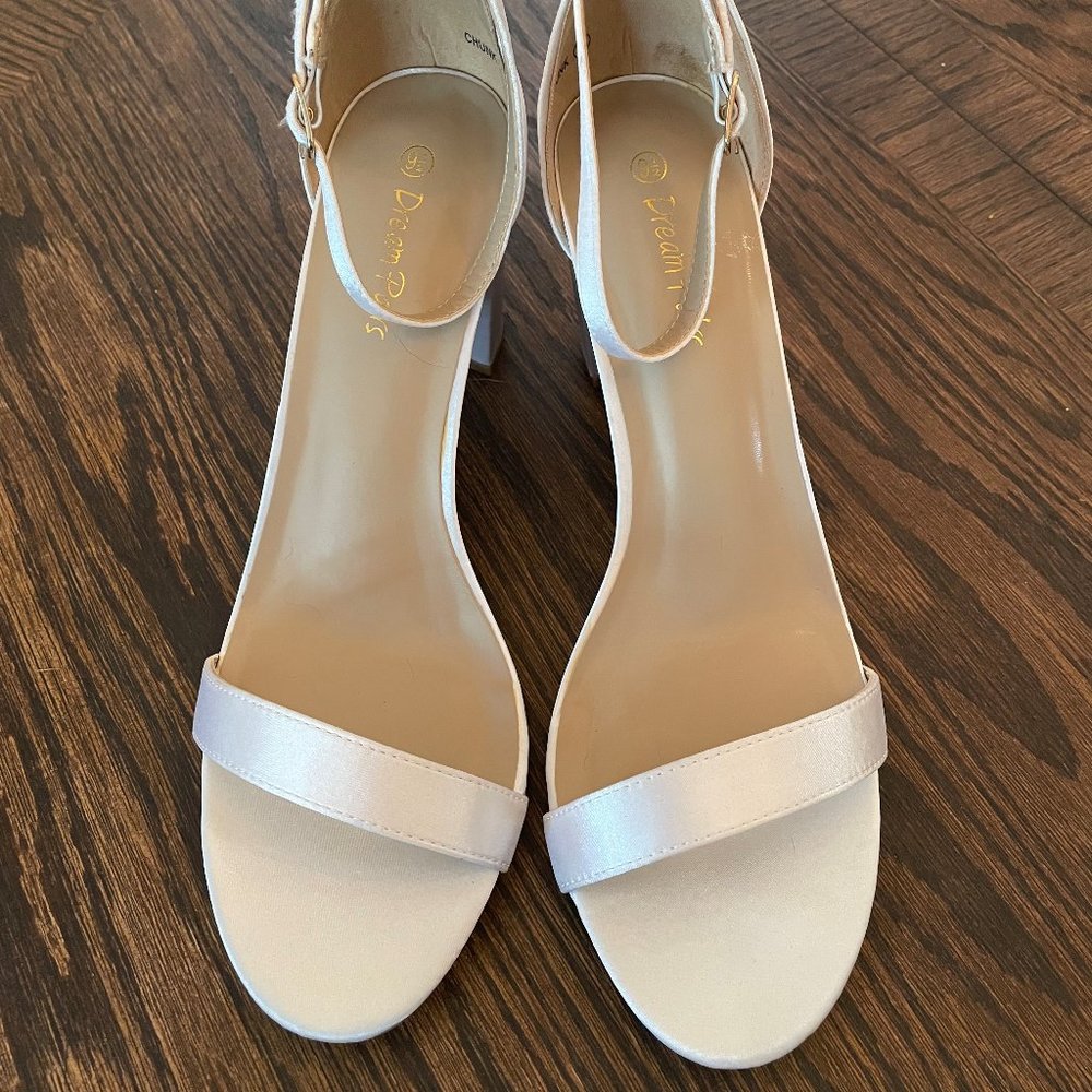White Satin Chunky Heel Sandals  Wedding Shoes